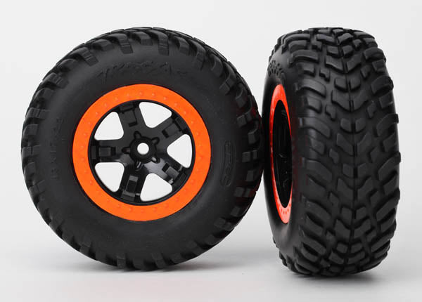Traxxas Tire & wheel assy, glued (SCT black, orange beadlock wheels, SCT off-road racing tires, foam inserts) (2) (2WD front)
