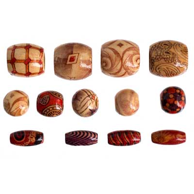 Wooden Bead Barrel Assorted Nat/Tone Pattern Lacquered